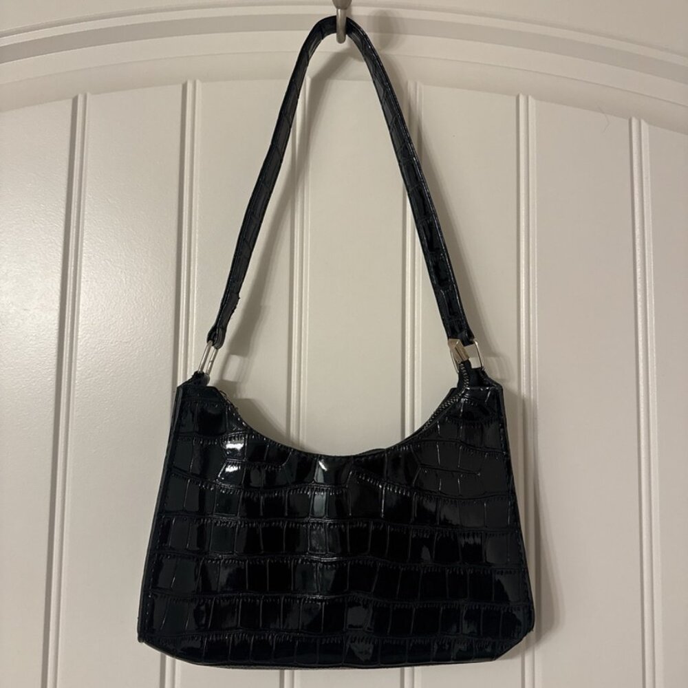 Black Croc Print Glossy Leather Shoulder Bag